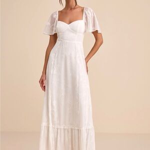 Lulu's White Square-Neck Maxi Dress with Flutter Cap Sleeves